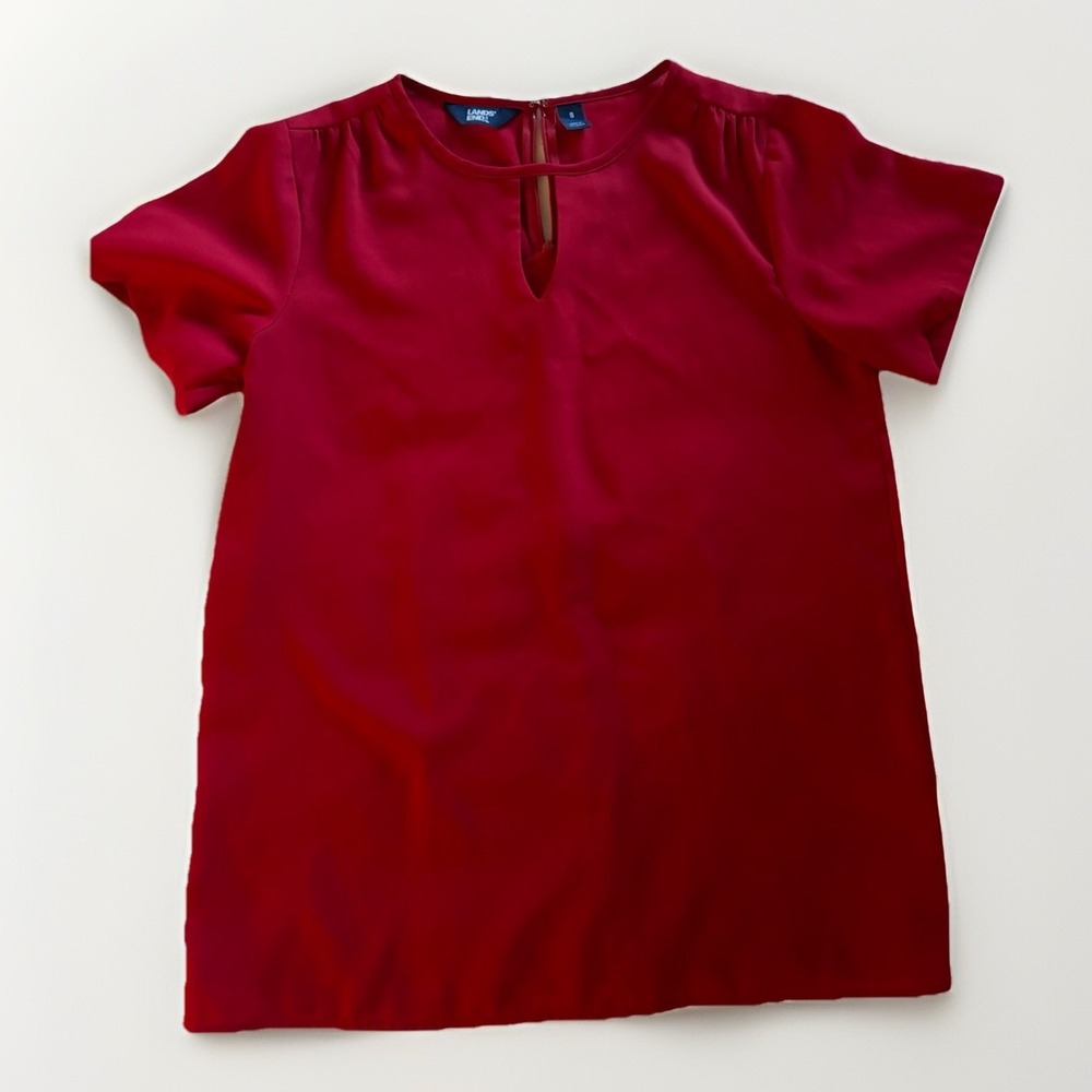 Lands End Womens Short Sleeve Blouse Top 8 Red Keyhole Neck Office Preppy Career